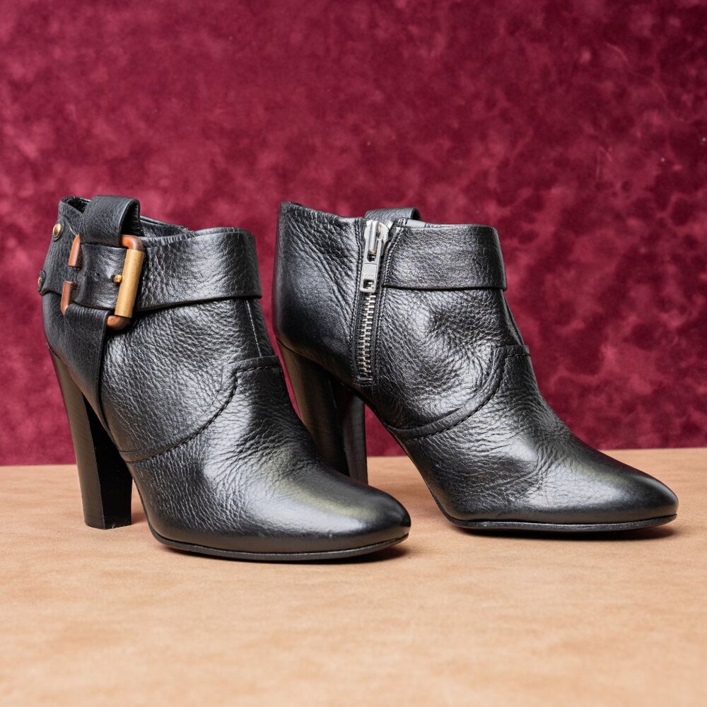 Chloe Women Buckle Strap Black Leather Heeled Ankle Fashion Boots 8US EUR38.5